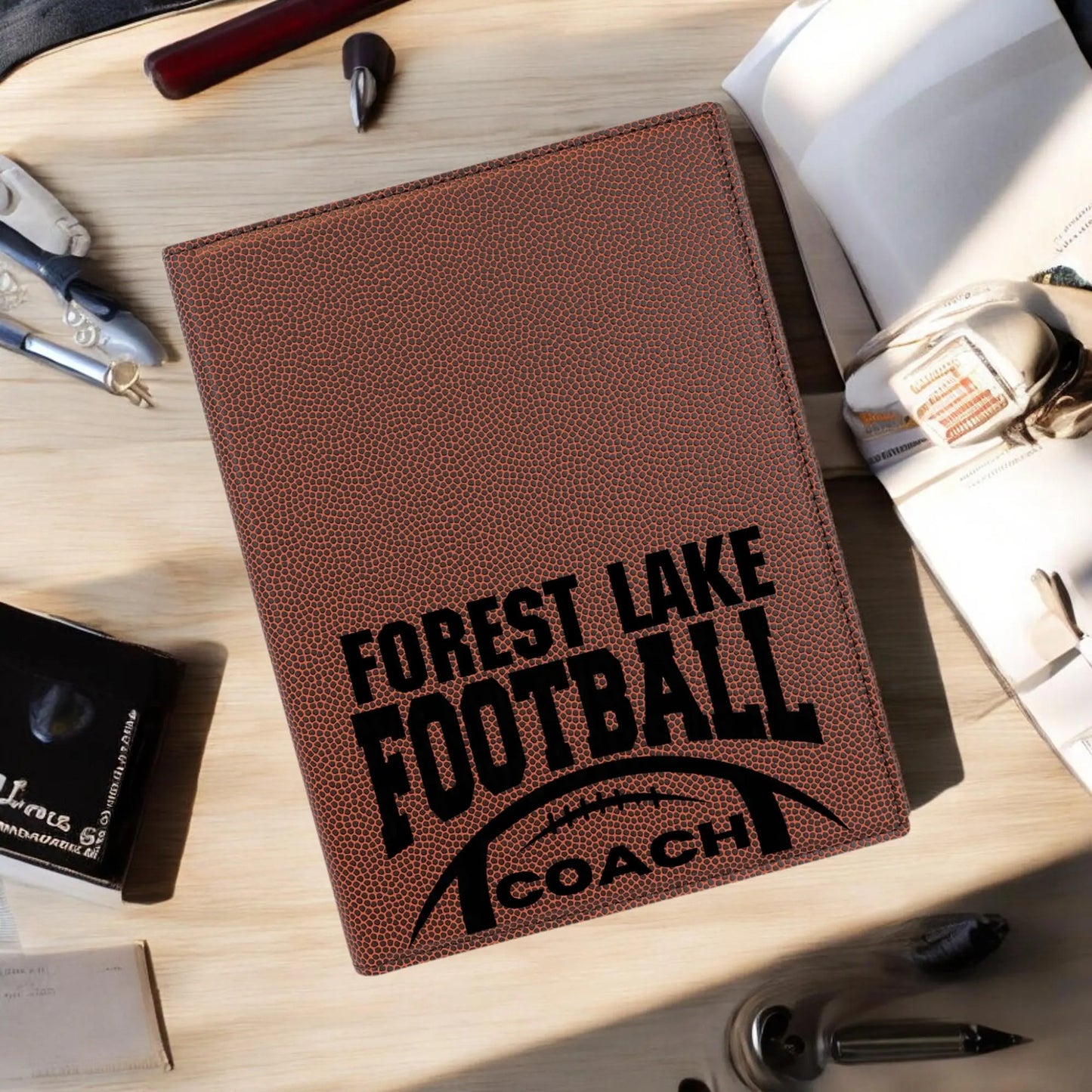 Football 7x9 Leather Portfolio Custom Football Leather Book Professional Organizer Custom Football Gift Coach Gift | Bulk Order Office Supplies