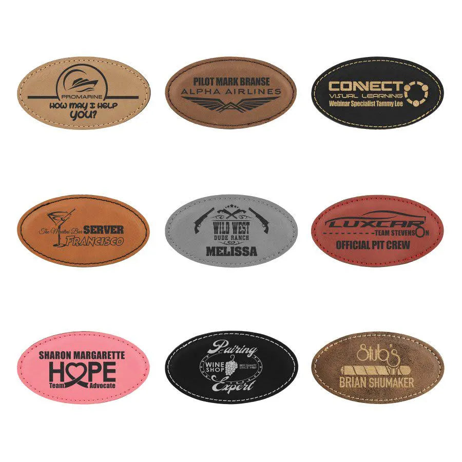 Custom Leatherette Name Tag 3 1/4" x 1 3/4" Oval Badge - Personalized Badge: Businesses, Schools, Events, Professional Branding | Bulk Orders