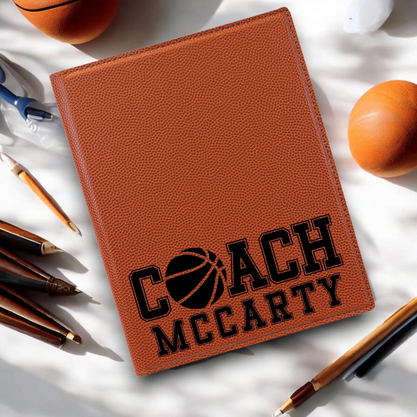 Basketball 7 x 9" Leather Portfolio, Custom Basketball Leather Notebook, Professional Organizer, Custom Basketball Gifts, or Coach Gift