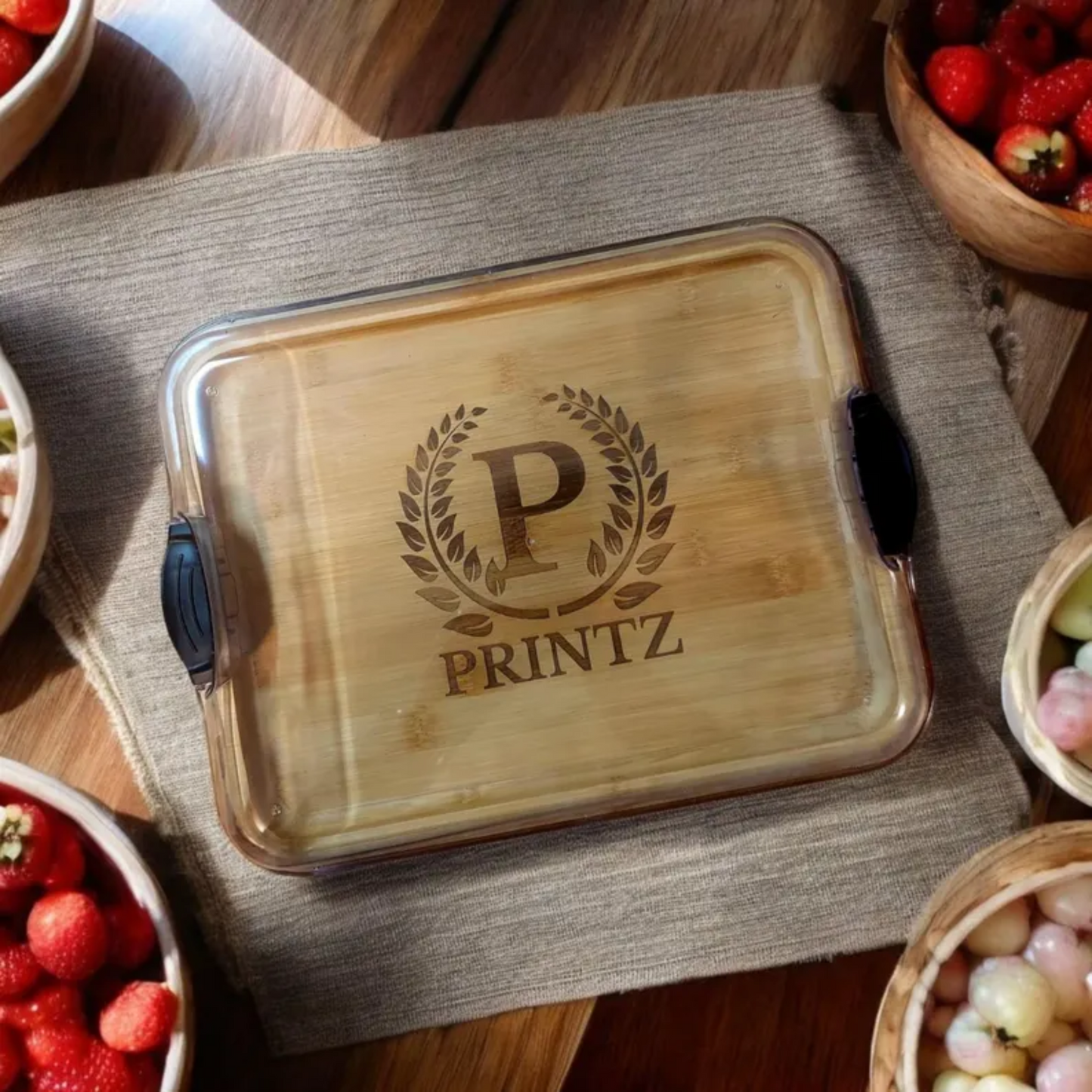 farberware 11" x 14" bamboo build-a-board with secure snap lid for see-through showcase of food - customizable quality serving board perfect for any occasion