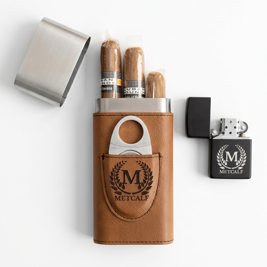 Personalized Cigar Case and Lighter Set for Groom, Groomsmen Gift, Wedding Cigar Station, Holds 3 Cigars, Father of Bride Gift