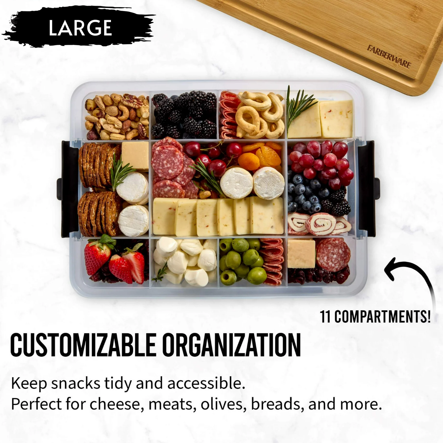 Personalized Snackle Box Bamboo Organizer With Built-In Cutting Board, BPA Free And Food Safe, Multiple Compartments For Snacks On The Go, Road Trips And Picnics, Available In 11x16 And 12.75x7.75 Sizes For Versatile Storage And Easy Meal Prep