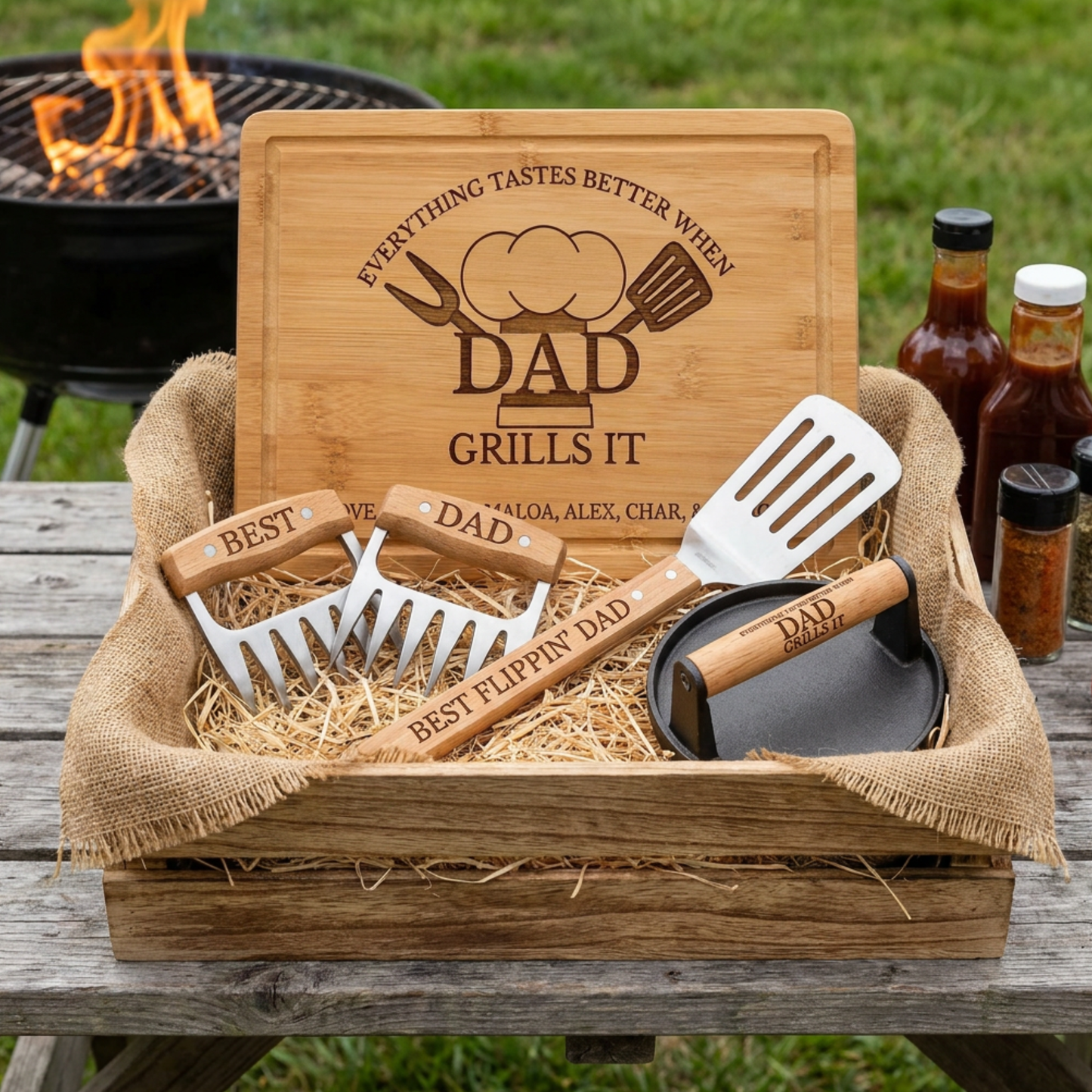 Personalized "Everything Tastes Better When" BBQ Gift Set For Dad Or Grandpa With Bamboo Cutting Board, Meat Claws, Spatula, And Cast Iron Meat Press- Choose Your Gift Set For The Perfect Gift