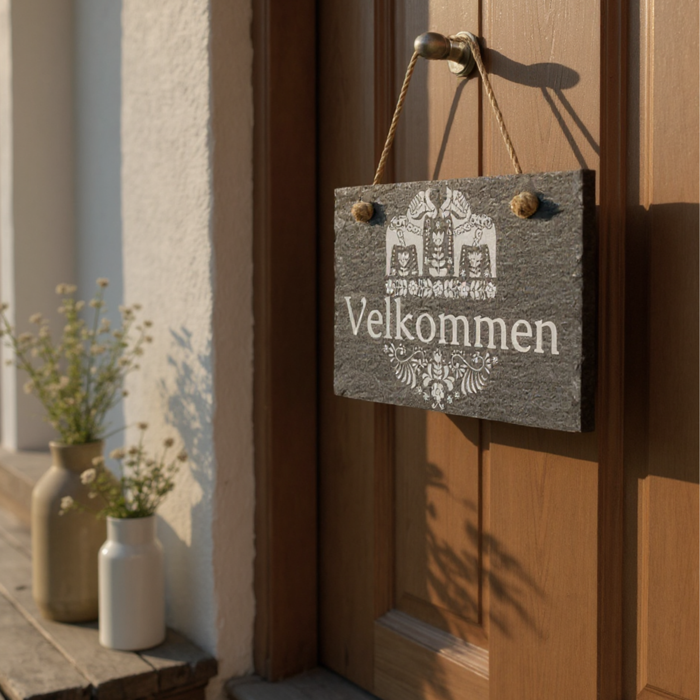 Personalized Norwegian Velkommen Slate Sign For Front Door And Entryway, Natural Slate Welcome Sign With Jute Hanger, Indoor And Outdoor Home Decor
