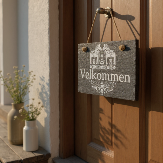 Personalized Norwegian Velkommen Slate Sign For Front Door And Entryway, Natural Slate Welcome Sign With Jute Hanger, Indoor And Outdoor Home Decor