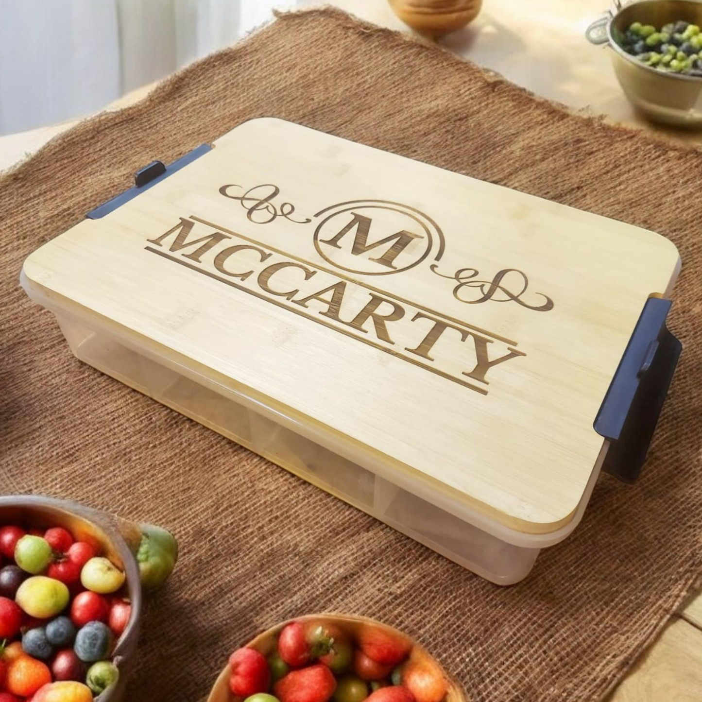 Personalized Snackle Box Bamboo Organizer With Built-In Cutting Board, BPA Free And Food Safe, Multiple Compartments For Snacks On The Go, Road Trips And Picnics, Available In 11x16 And 12.75x7.75 Sizes For Versatile Storage And Easy Meal Prep