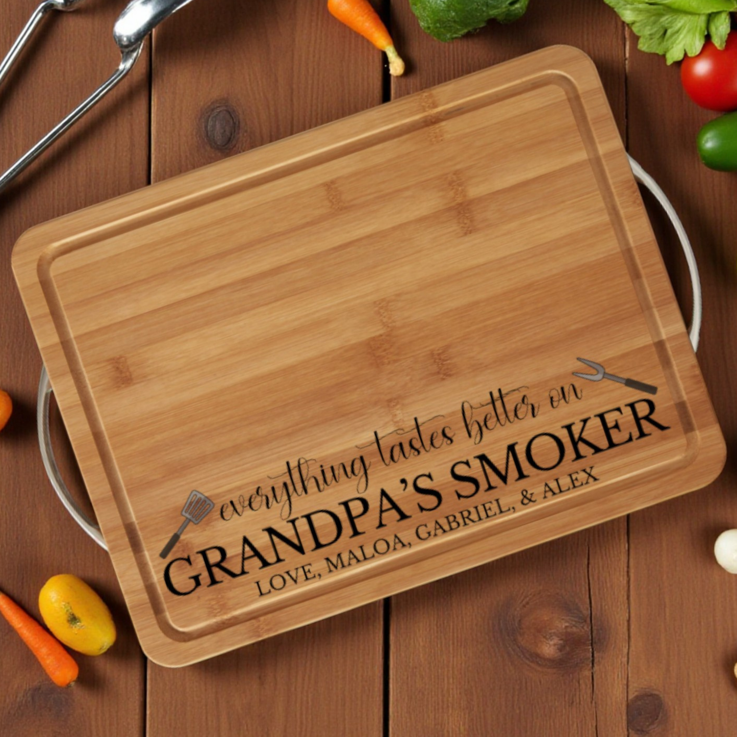 Everything Tastes Better When Grandpa Cooks It Personalized Serving Board For Kitchen, BBQ, And Family Dinners, Custom Name And Date Option, Durable, Perfect for Fathers Day And Grandparent Appreciation