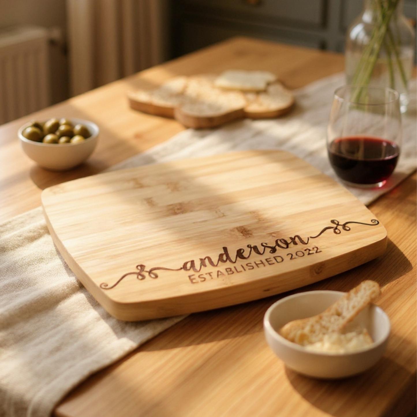 Family Name Personalized Cutting Board In Bamboo Or Acacia — Heirloom Serving Board For Weddings, Housewarmings, And Anniversaries — Kitchen-Ready Keepsake That Elevates Entertaining And Celebrates Your Home