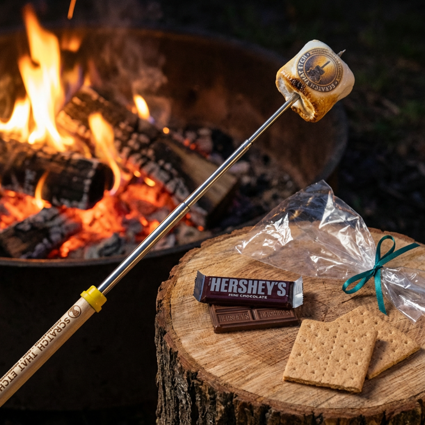 Personalized S'more Kit With 30 Inch Telescoping Roasting Sticks AND Personalized Marshmallows For Bonfires Backyard Gatherings And Camping Parties