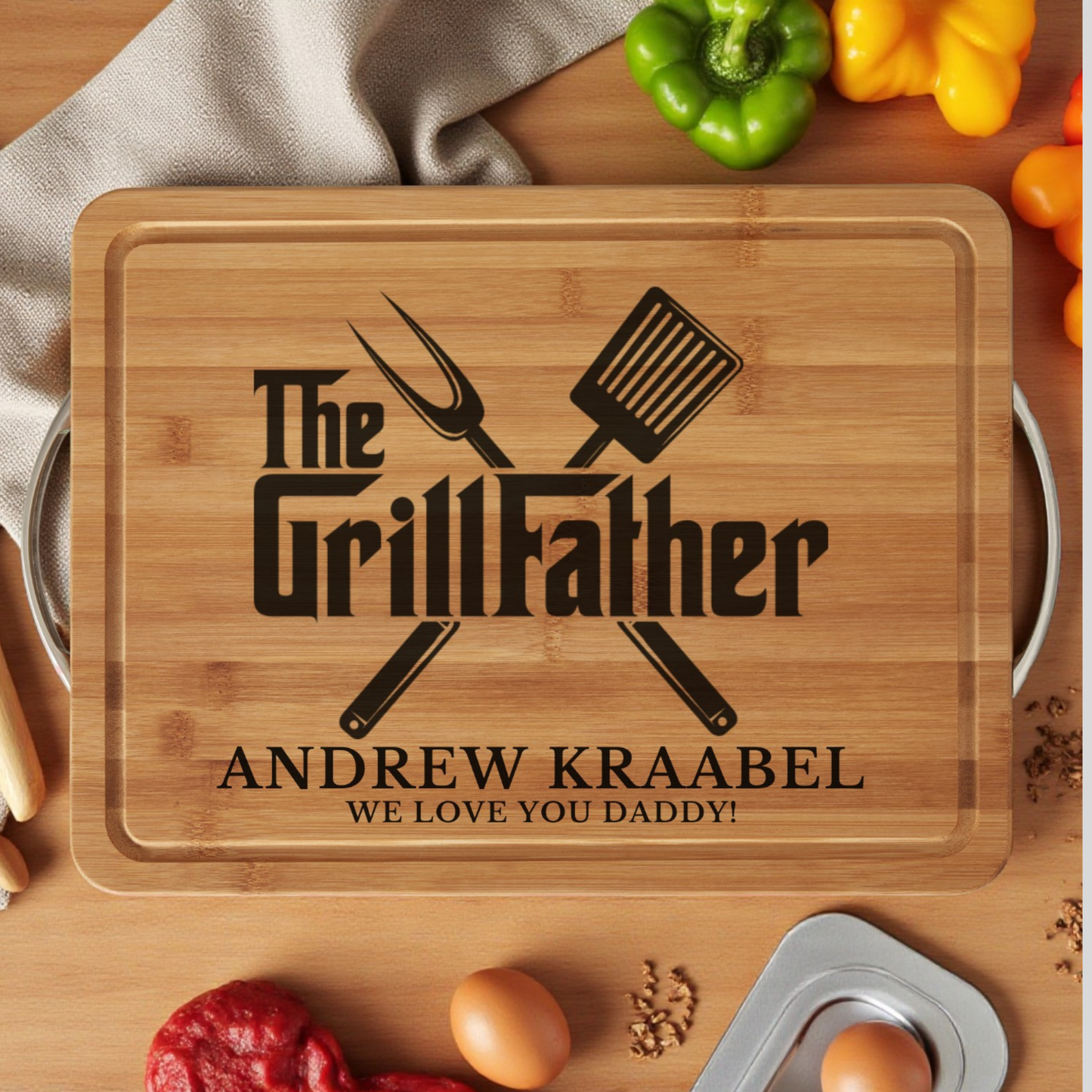 The GrillFather Personalized Cutting Board In Bamboo Or Acacia — BBQ Lovers’ Serving Board For Dads, Father’s Day, And Housewarmings — Bold Parody Design That Elevates Grilling And Charcuterie