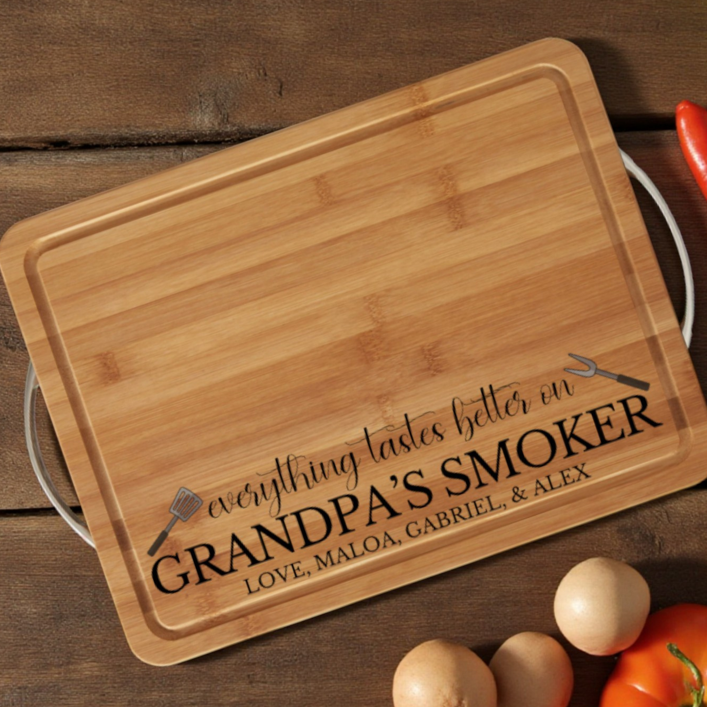Everything Tastes Better When Grandpa Cooks It Personalized Serving Board For Kitchen, BBQ, And Family Dinners, Custom Name And Date Option, Durable, Perfect for Fathers Day And Grandparent Appreciation