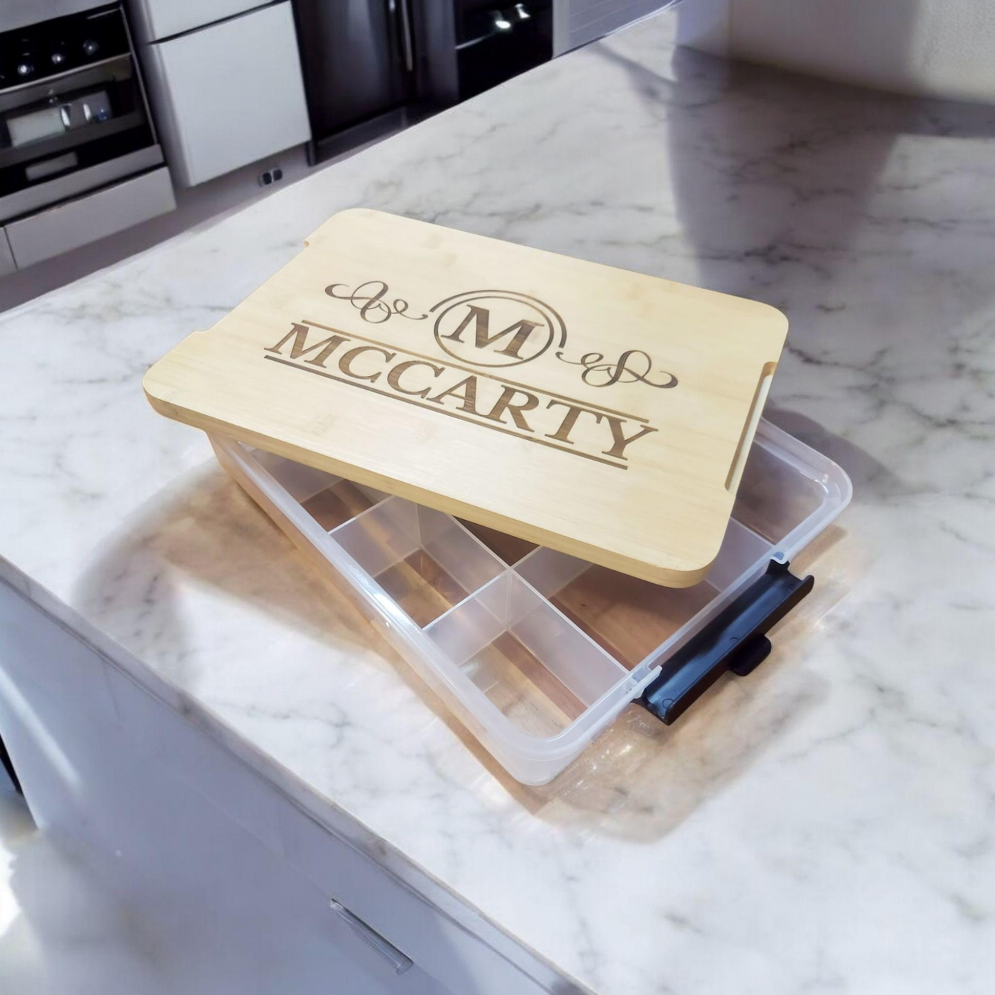 Personalized Snackle Box Bamboo Organizer With Built-In Cutting Board, BPA Free And Food Safe, Multiple Compartments For Snacks On The Go, Road Trips And Picnics, Available In 11x16 And 12.75x7.75 Sizes For Versatile Storage And Easy Meal Prep