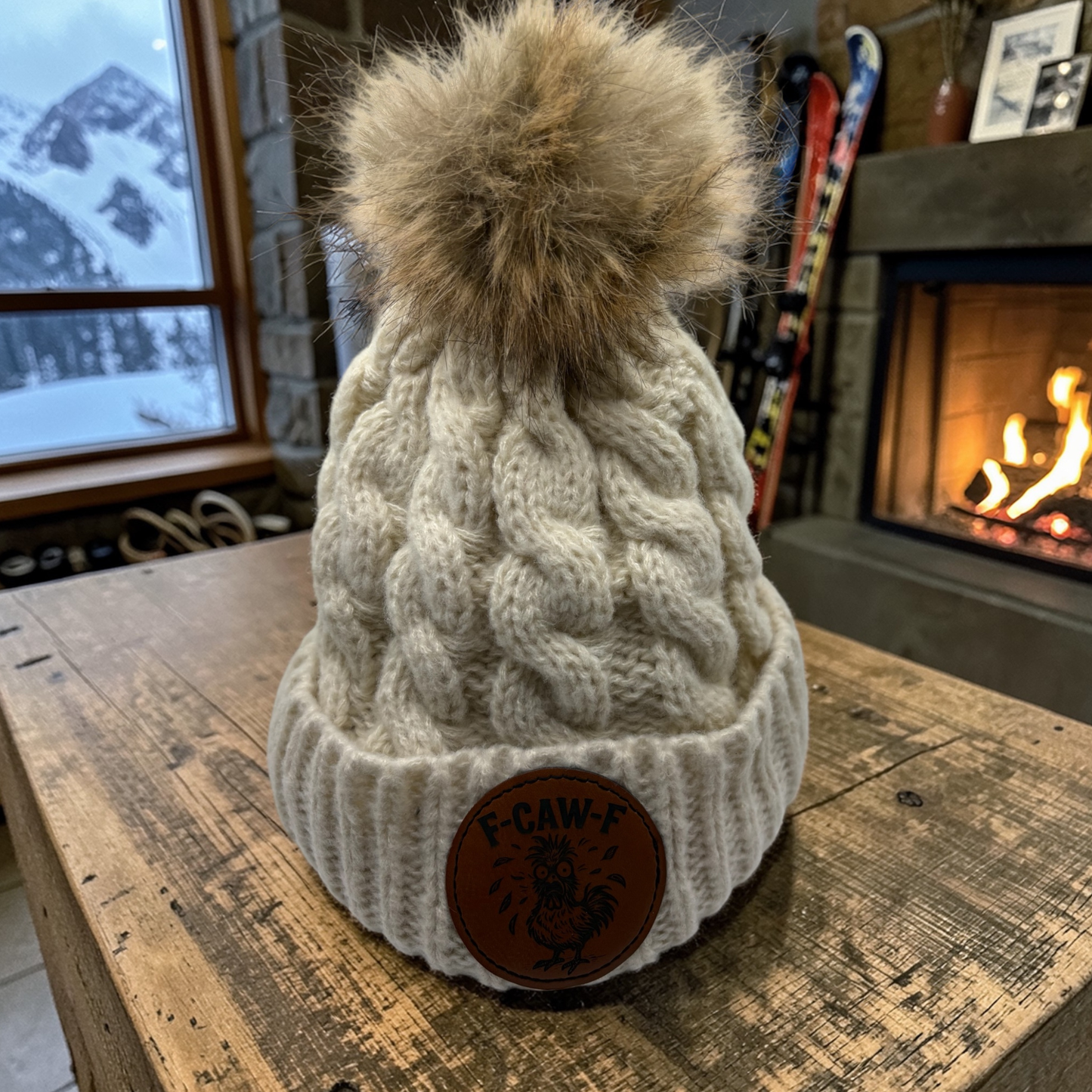 FCAWF chicken patch winter beanie knit hat for chicken moms and lovers, available in black grey teal sunflower burnt orange hot pink light pink beige