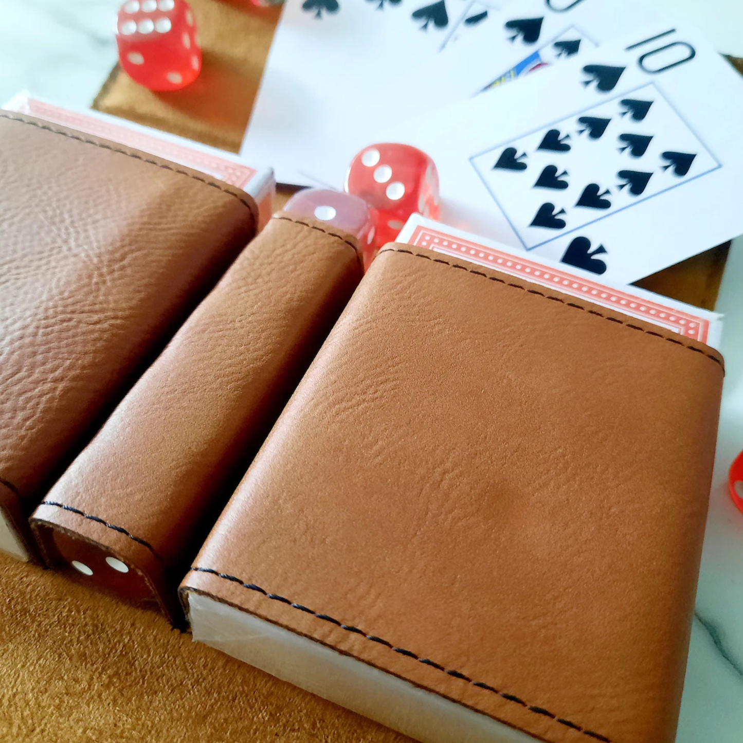 Personalized Leather Card And Dice Set With 2 Decks And 5 Ruby Red Dice For Travel Friendly Poker And Tabletop Play