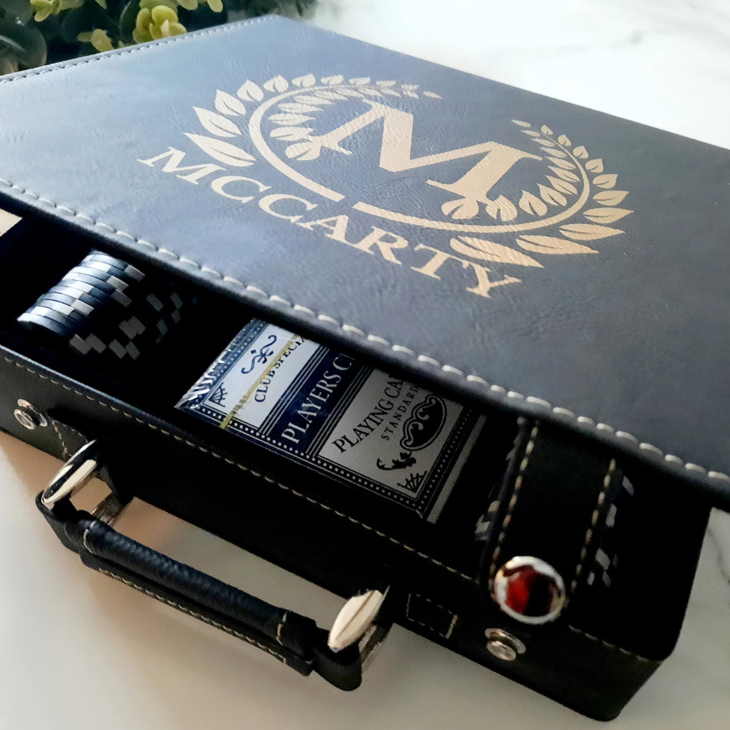 Premium 100 Piece Poker Set In Multiple Colors With leather Case, Clay Composite Chips, Playing Cards, Dealer Button, And Optional Personalized Case