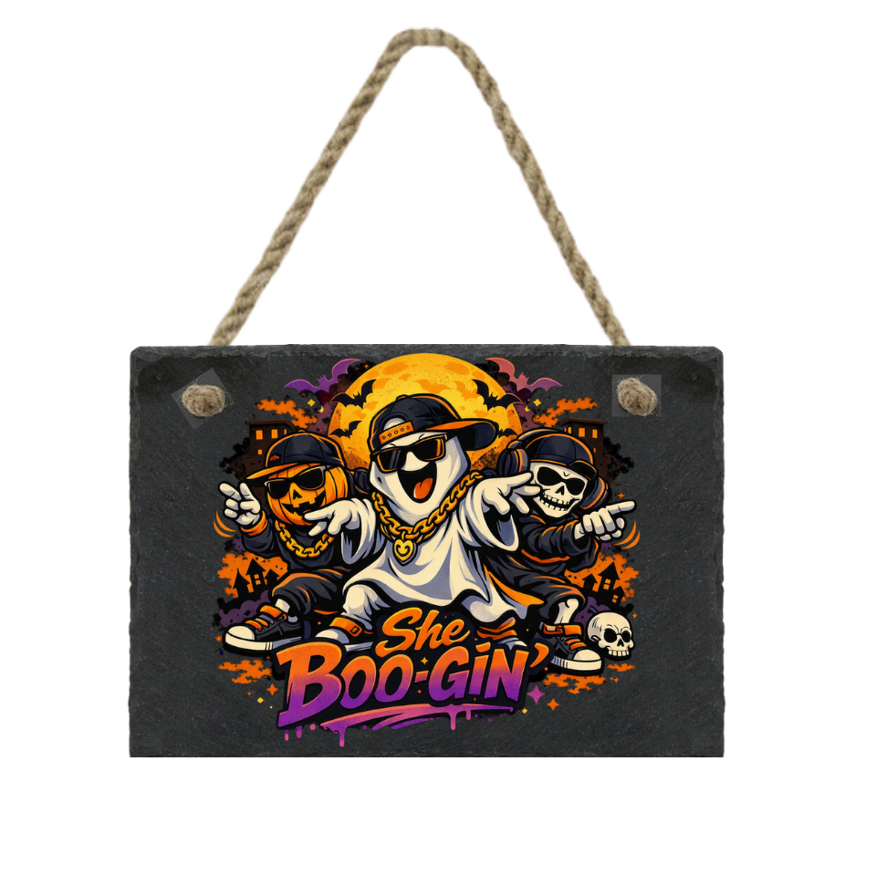 She Boo-Gin Halloween Slate Sign Rectangle Or Round With Ghost Pumpkin Or Skeleton Meme Art Hip Hop Vibes Trendy Home Decor Gift