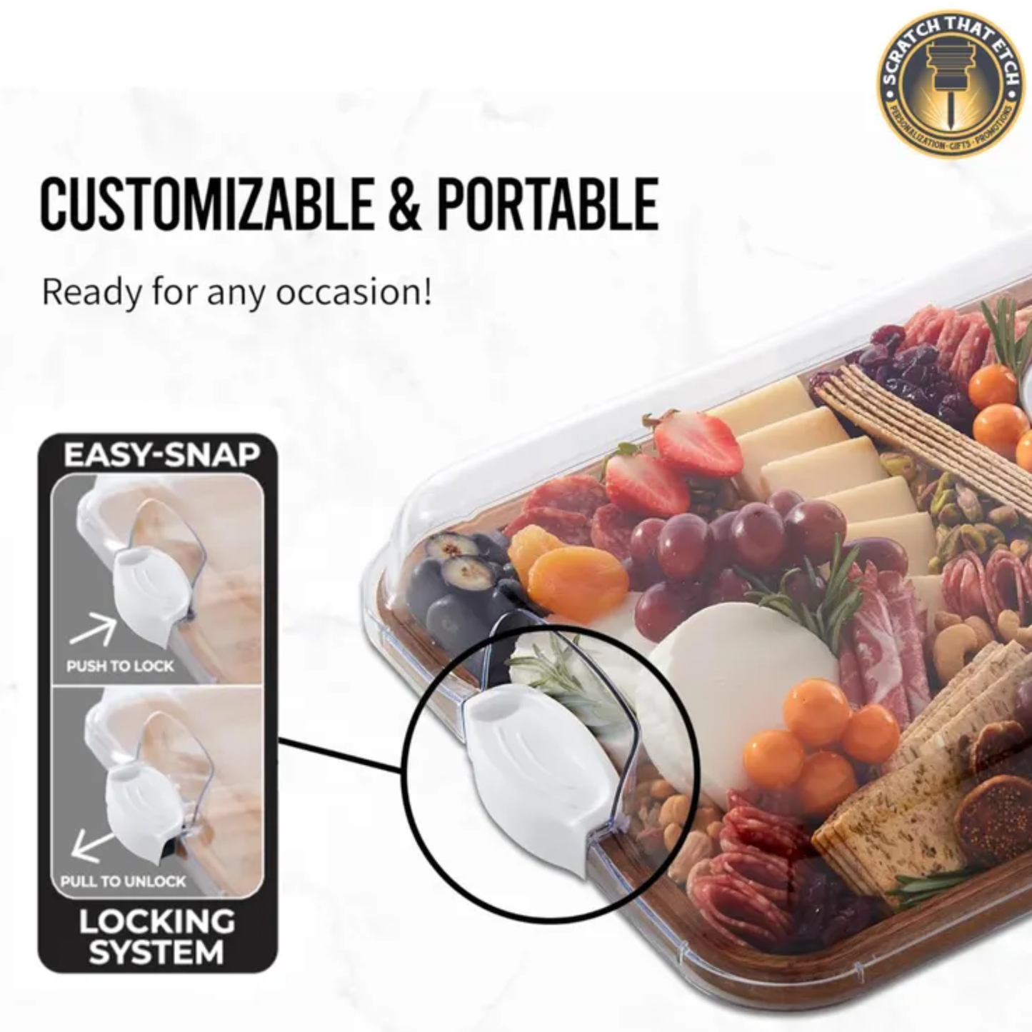 Personalized charcuterie serving build-a-board with secure locking clear plastic lid for easy transport and mess free entertaining