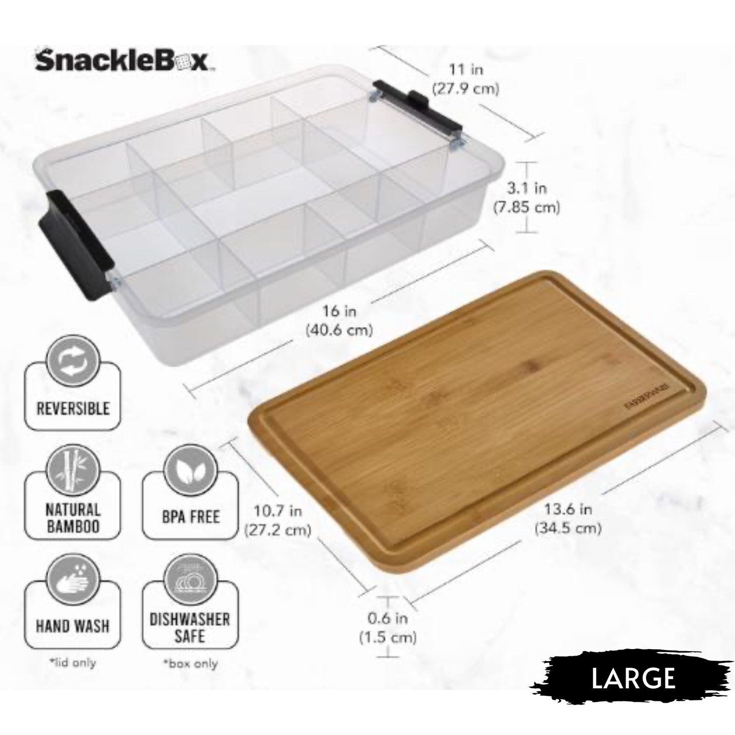 Personalized Snackle Box Bamboo Organizer With Built-In Cutting Board, BPA Free And Food Safe, Multiple Compartments For Snacks On The Go, Road Trips And Picnics, Available In 11x16 And 12.75x7.75 Sizes For Versatile Storage And Easy Meal Prep