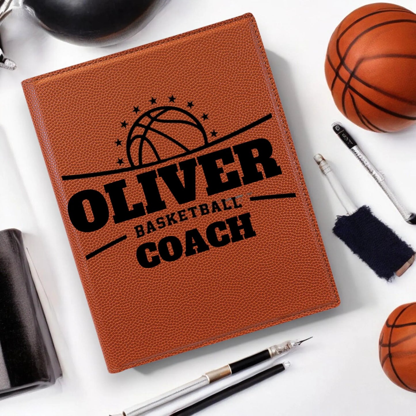 Basketball 9 1/2 x 12" Leather Portfolio, Custom Basketball Leather Book, Professional Organizer, Custom Basketball Gifts, Coach Gift | Bulk Order