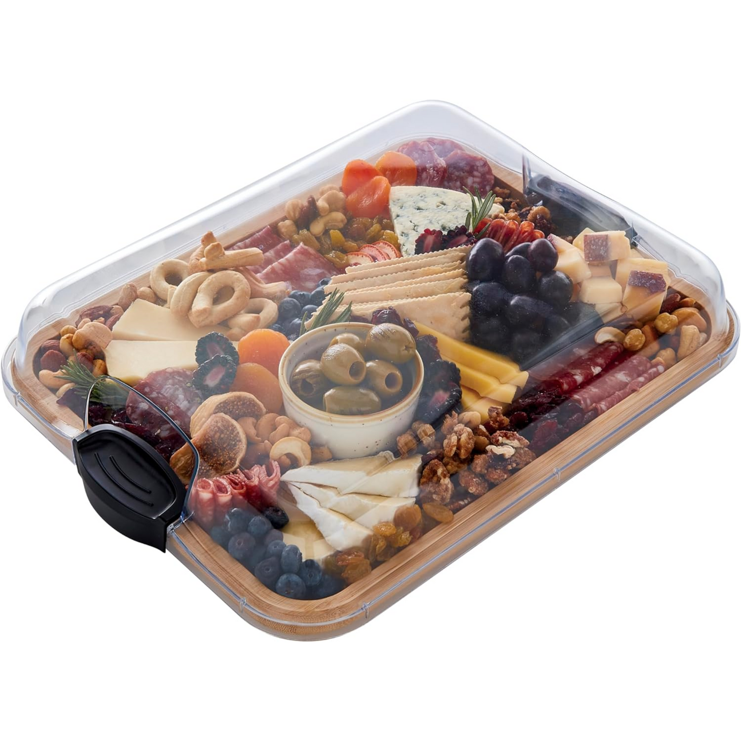 farberware 11" x 14" bamboo build-a-board with secure snap lid for see-through showcase of food - customizable quality serving board perfect for any occasion