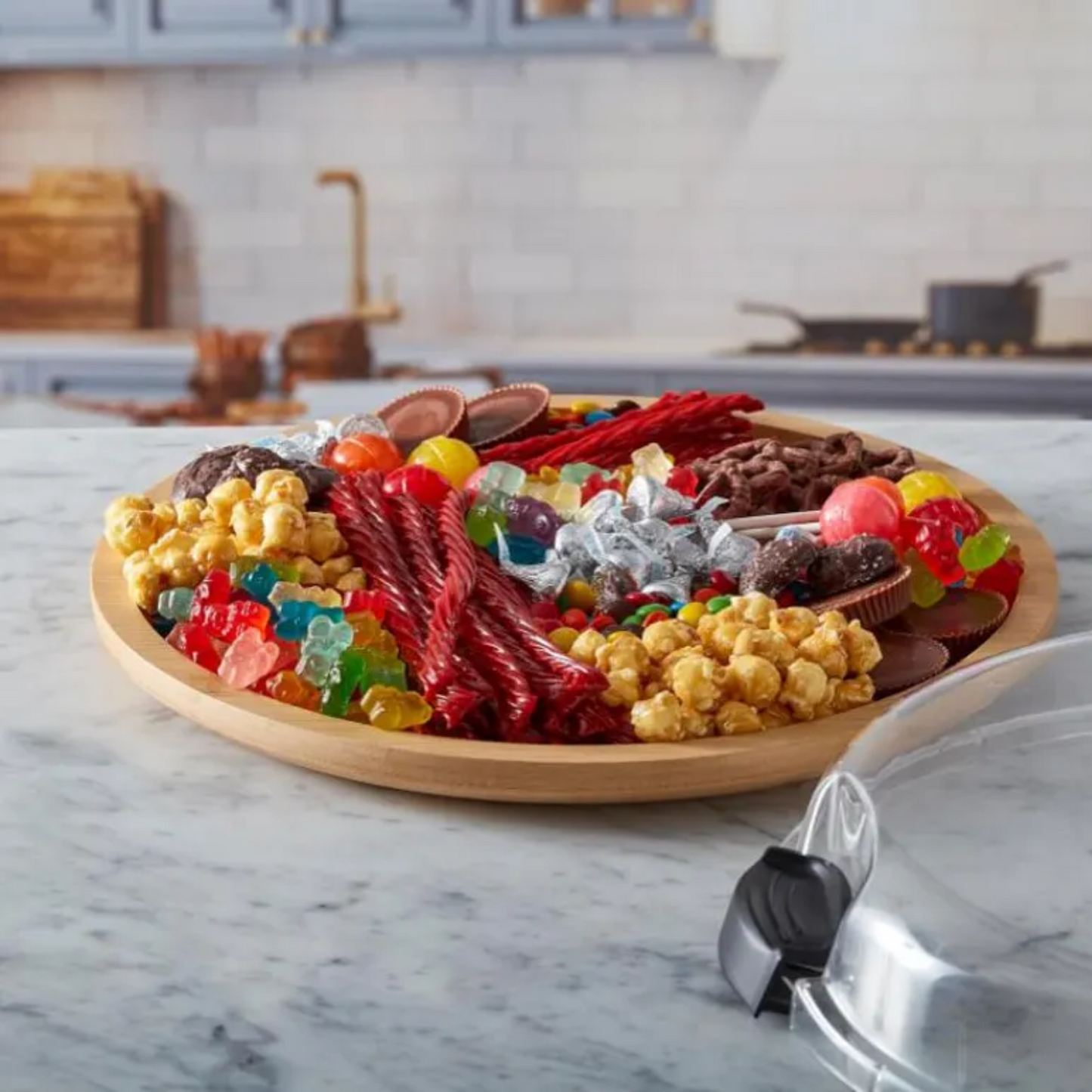 Shopify Farberware 14" Round Build-A-Board - Customizable Acacia Cutting Board with Secure Snap Lid and See-Through Top for Showcasing Food