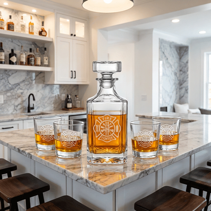 Personalized Decanter Set with 4 Rocks Glasses, Custom Logo Square Glass Decanter, FD PD EMS Retirement Gift or Company Bar Gift