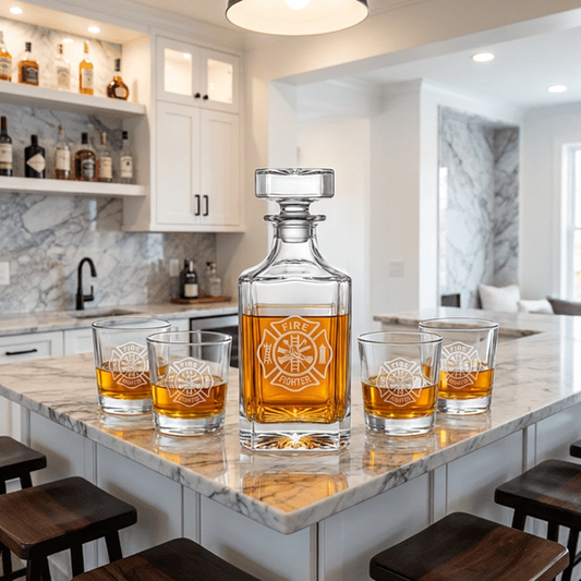 Personalized Decanter Set with 4 Rocks Glasses, Custom Logo Square Glass Decanter, FD PD EMS Retirement Gift or Company Bar Gift