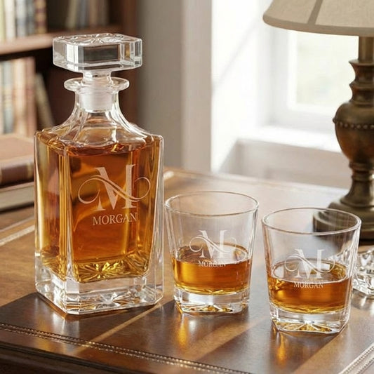 Personalized 750 mL Square Glass Decanter Set — Design Your Own Or Choose A Template — Groomsmen Gift Wedding Gift | Dishwasher Safe Barware
