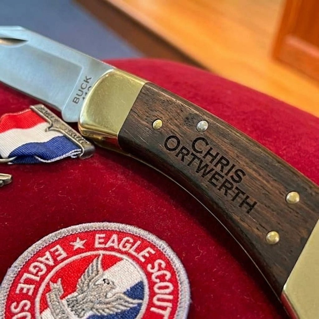 Buck 110 Folding Hunter Knife Personalized — 420HC Steel Clip Point, Ebony Handle And Brass Bolsters — Multiple Font Options For Names Or Initials