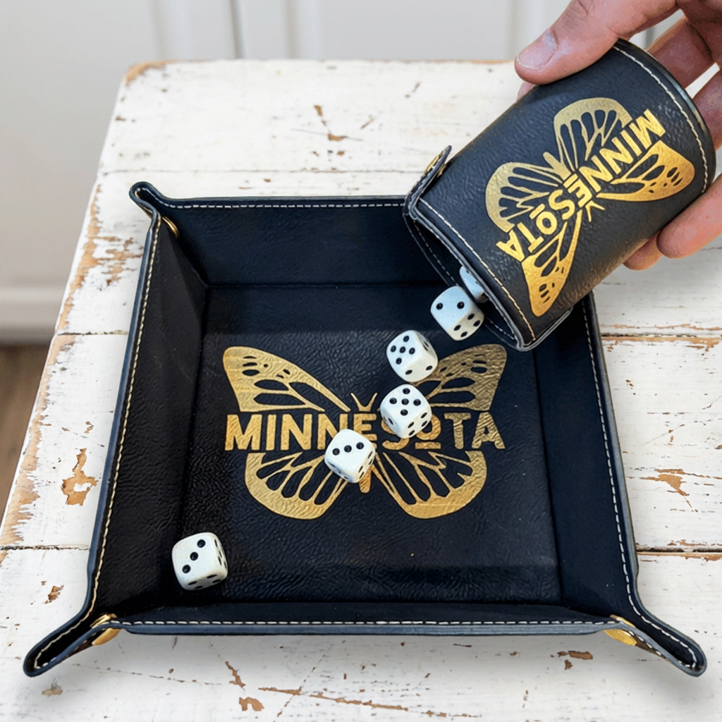 Minnesota Personalized Leather  Dice Cup and Tray, Bunco Dice Cup, Gifts for Her, Gifts for Him, Gift for kids