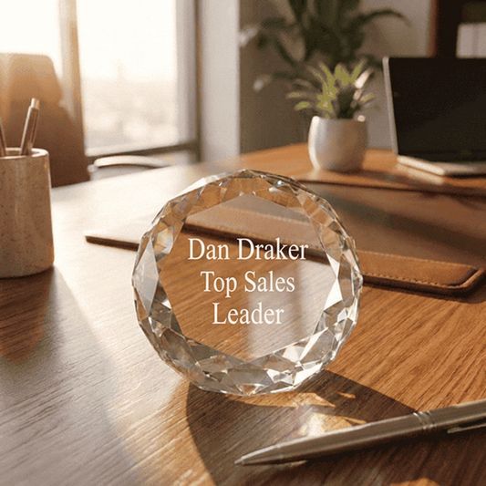 Elevate Your Recognition Custom Clear Round Crystal Facet 3 1/2 x 2" Paperweights - Ideal for Businesses Events & Employee Awards Bulk Order