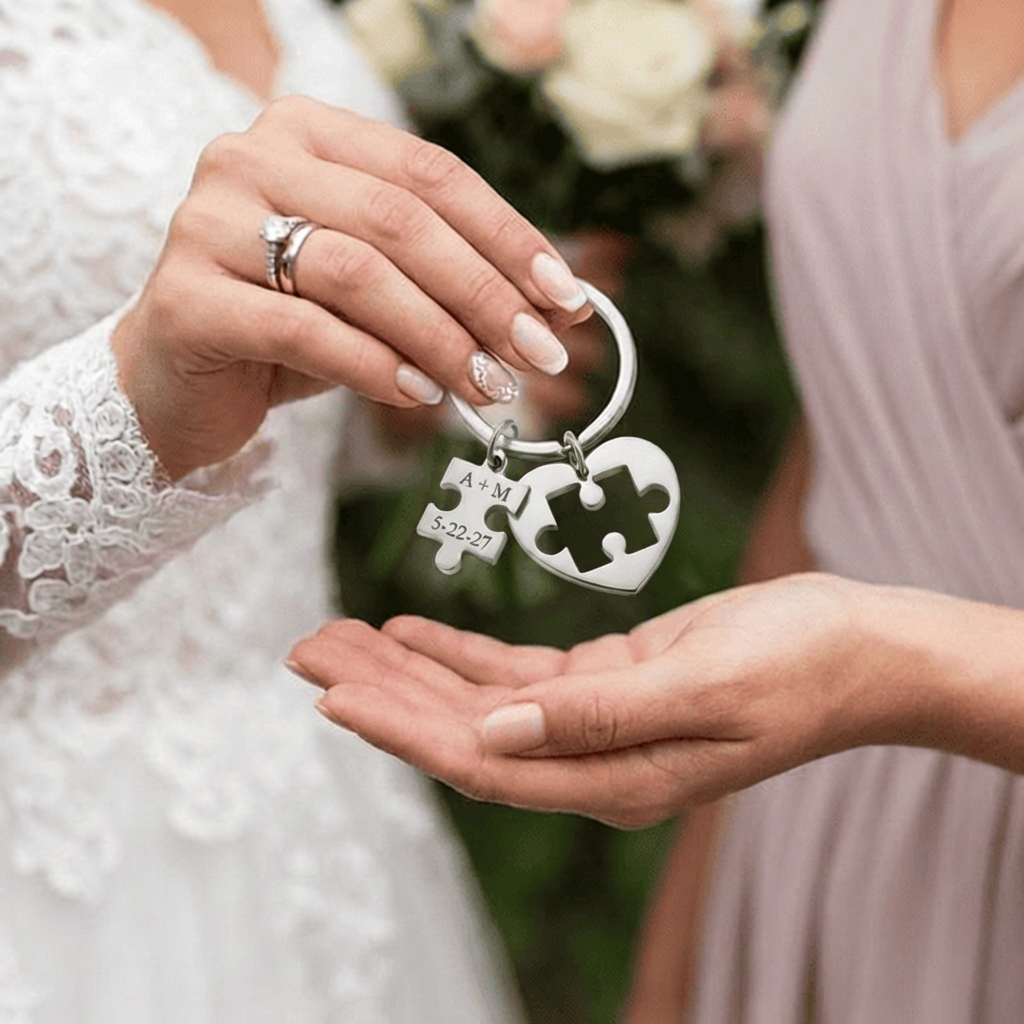 Personalized Stainless Steel Puzzle Keychain Wedding Favors With Bride And Groom Names or Couples Initials & Date A Piece of Our Big Day