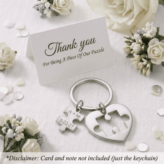 Personalized Stainless Steel Puzzle Keychain Wedding Favors With Bride And Groom Names or Couples Initials & Date A Piece of Our Big Day
