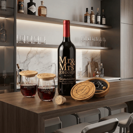 Luxury Personalized Wine Gift Set Custom Sandblasted Wine Bottle with Gold Inlay, Etched Glasses & Wine Accessories- Wedding, Anniversary, Special Memories Keepsake