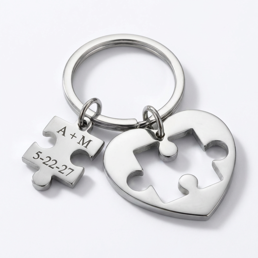 Personalized Stainless Steel Puzzle Keychain Wedding Favors With Bride And Groom Names or Couples Initials & Date A Piece of Our Big Day