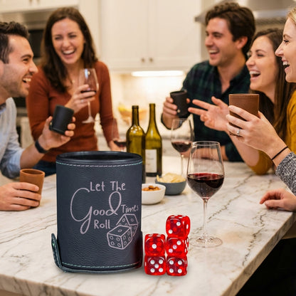 Personalized Leather Dice Cup With 5 Ruby Red Dice And Secure Snap Shut Storage For DND RPG And Game Night