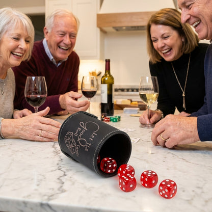 Personalized Leather Dice Cup With 5 Ruby Red Dice And Secure Snap Shut Storage For DND RPG And Game Night