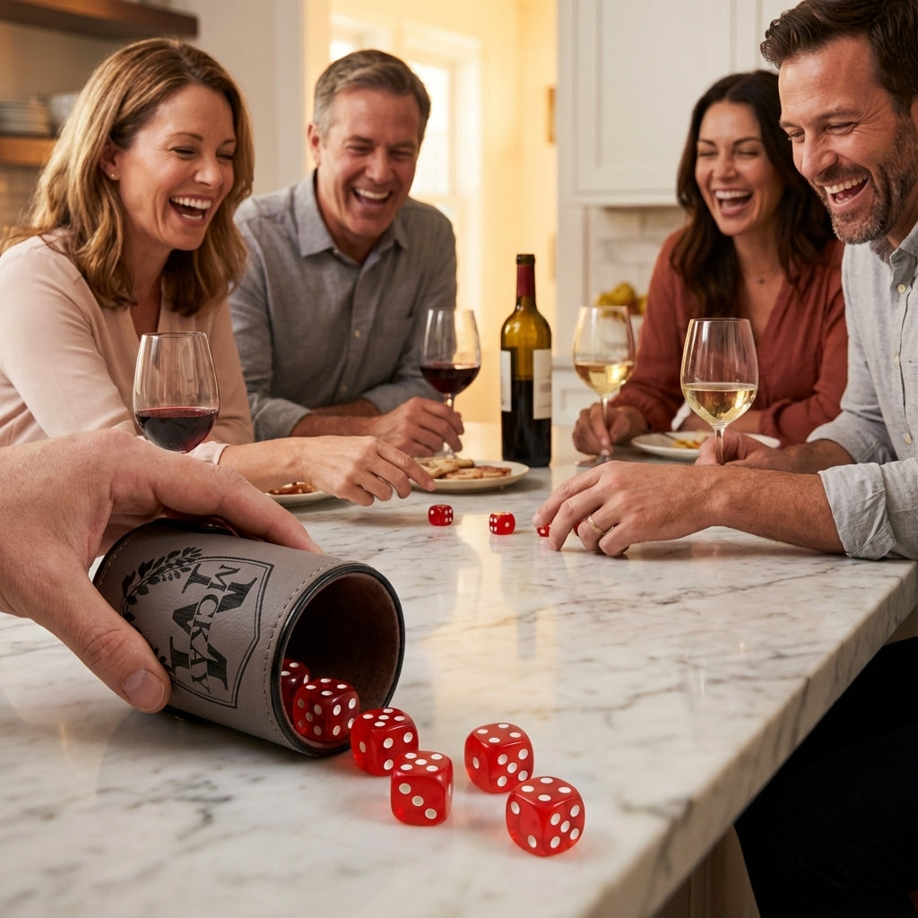 Personalized Leather Dice Cup With 5 Ruby Red Dice And Secure Snap Shut Storage For DND RPG And Game Night