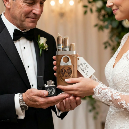 Personalized Cigar Case and Lighter Set for Groom, Groomsmen Gift, Wedding Cigar Station, Holds 3 Cigars, Father of Bride Gift