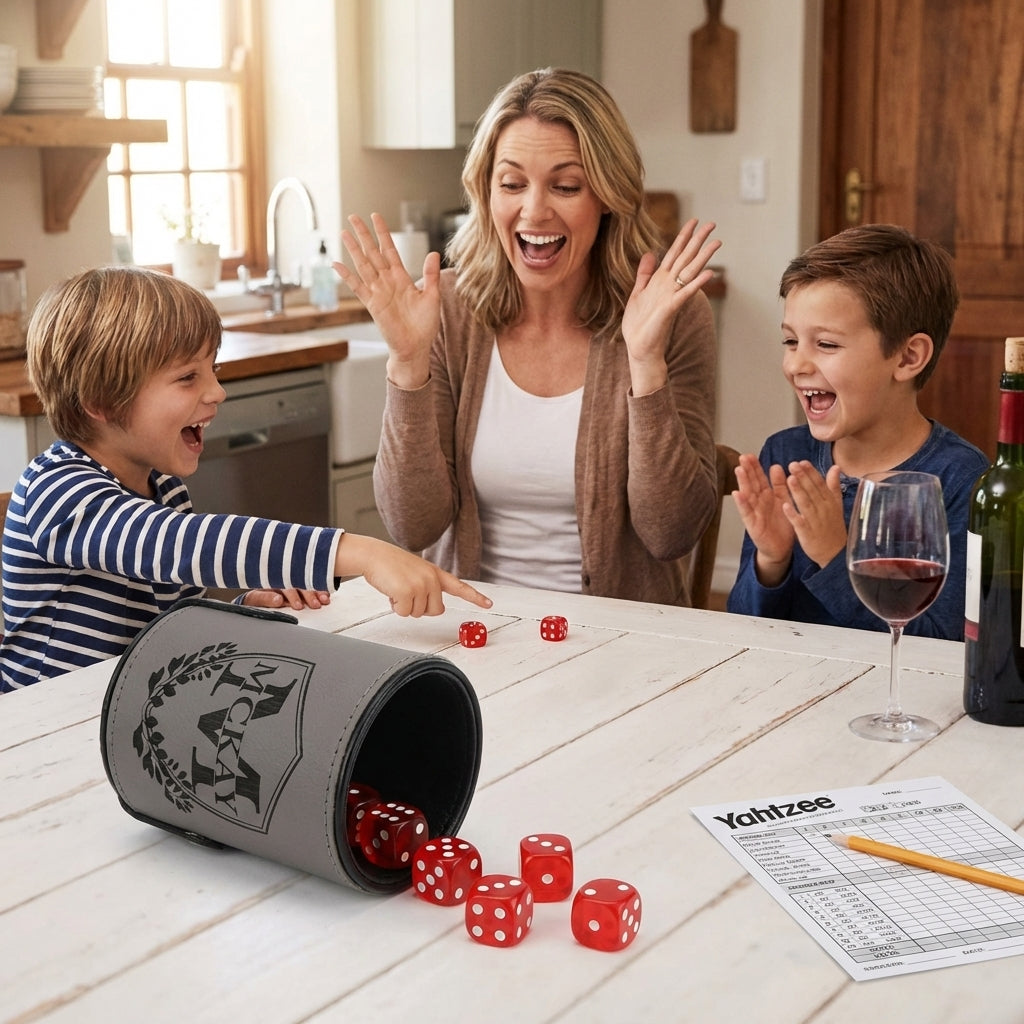 Personalized Leather Dice Cup With 5 Ruby Red Dice And Secure Snap Shut Storage For DND RPG And Game Night