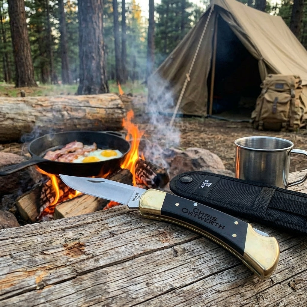 Buck 110 Folding Hunter Knife Personalized — 420HC Steel Clip Point, Ebony Handle And Brass Bolsters — Multiple Font Options For Names Or Initials