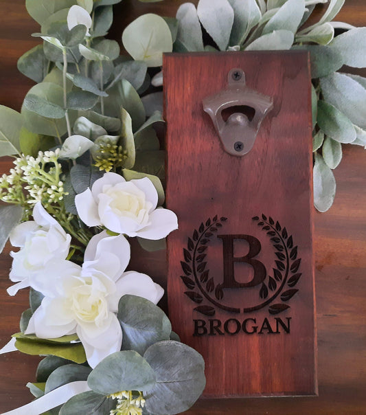 Personalized Bottle Opener, Oak or Cherry Wall Mount, Bar Accessories, Barbecue Accessory, Beer Opener, Soda Opener, Gift for Him