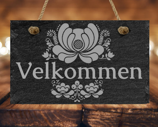 VELKOMMEN Door Sign, NORSK Slate Door Hanger, WELCOME, Rosemall Front Door Welcome Sign, Door Hanger, Front Porch, Wall Hanger, Valkommen