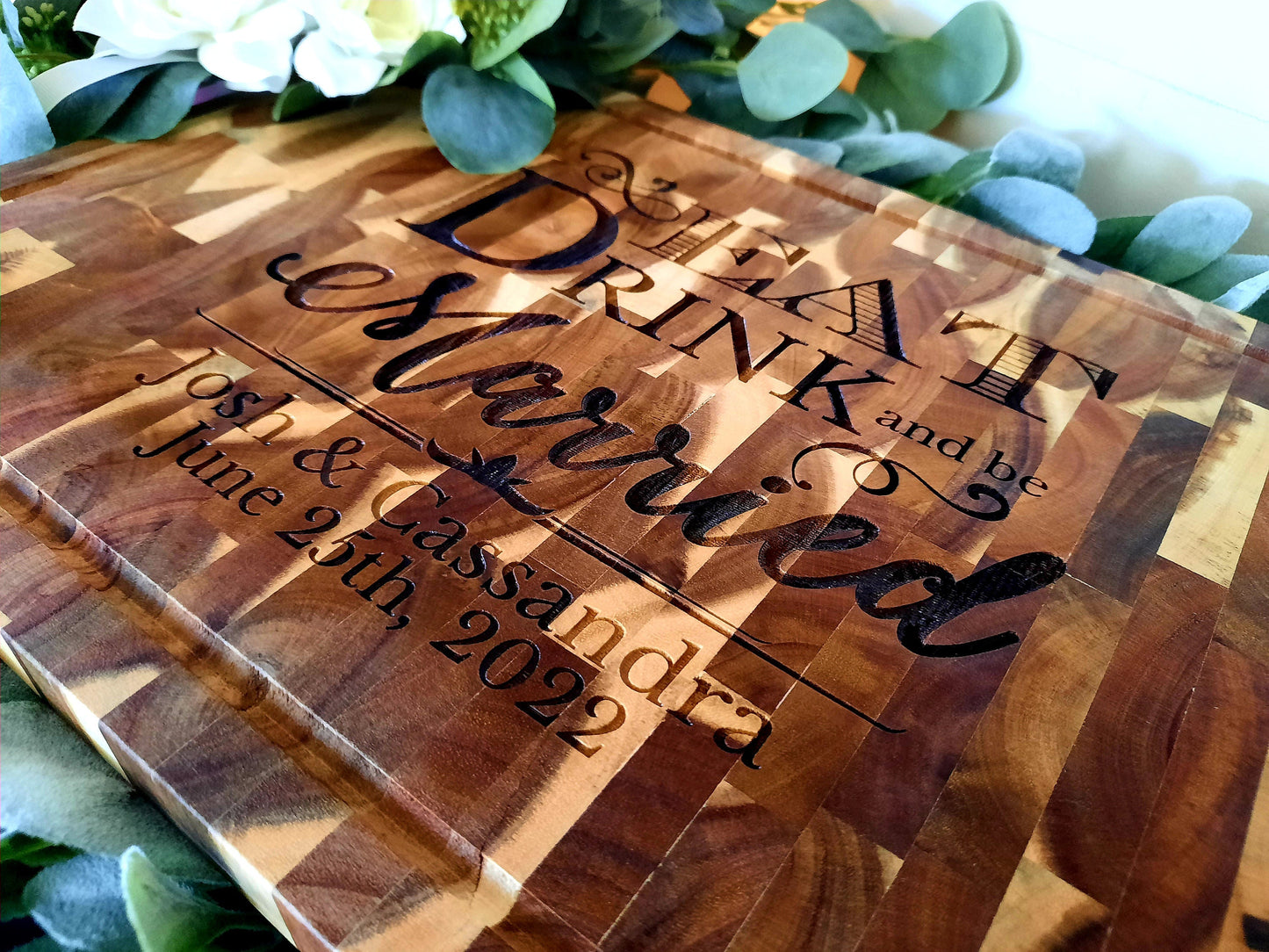 Wedding Gift - Eat, Drink, and be Married - Personalized End Grain Cutting Board - Personalized Cutting Board - Engraved Cutting Board