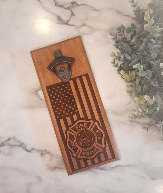 Firefighter Bottle Opener, Oak or Cherry Wall Mount, Bar Accessories, Barbecue Accessory, Beer Opener, Gift for Him, Fire Fighter Gift