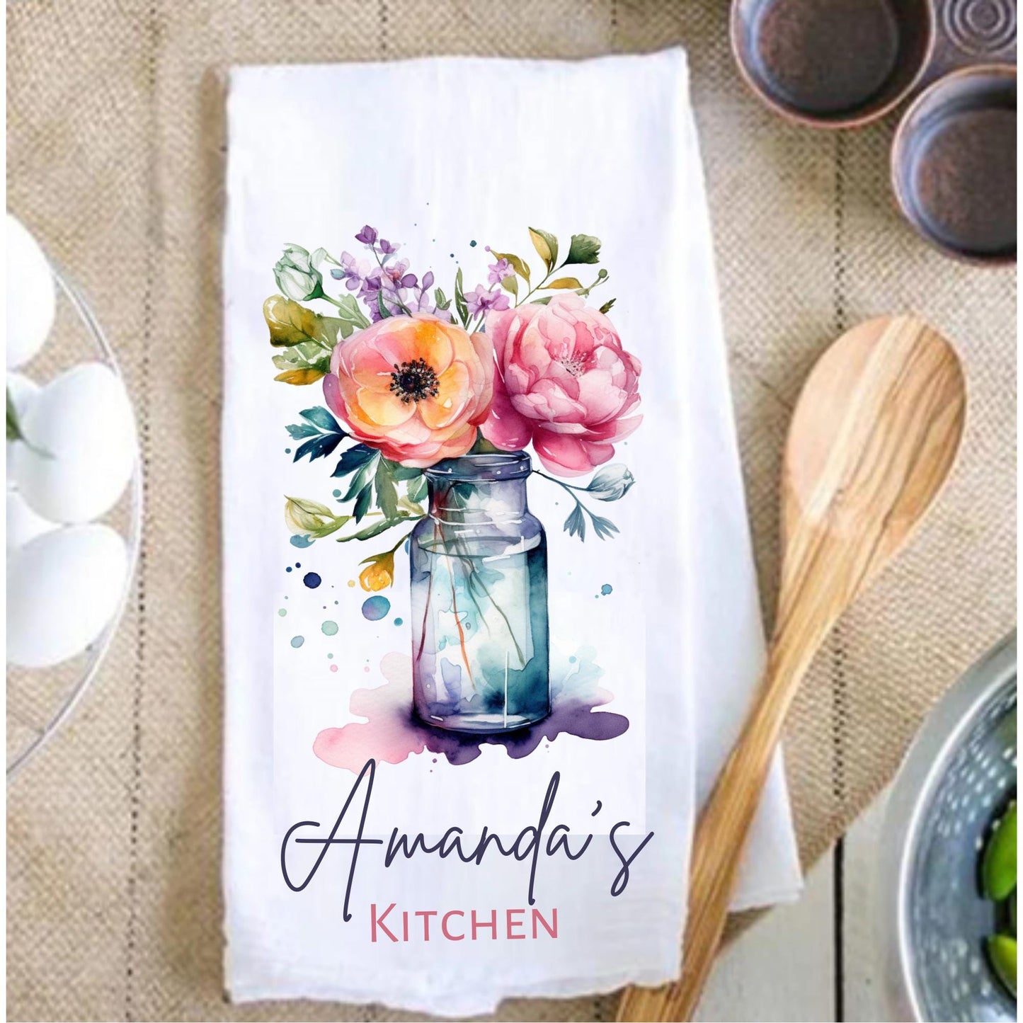 Custom Wildflowers Jar Kitchen Towel, Personalized Kitchen Decor Gift, Hostess Housewarming Gift, Custom Wildflower Dish Towel, Tea Towel