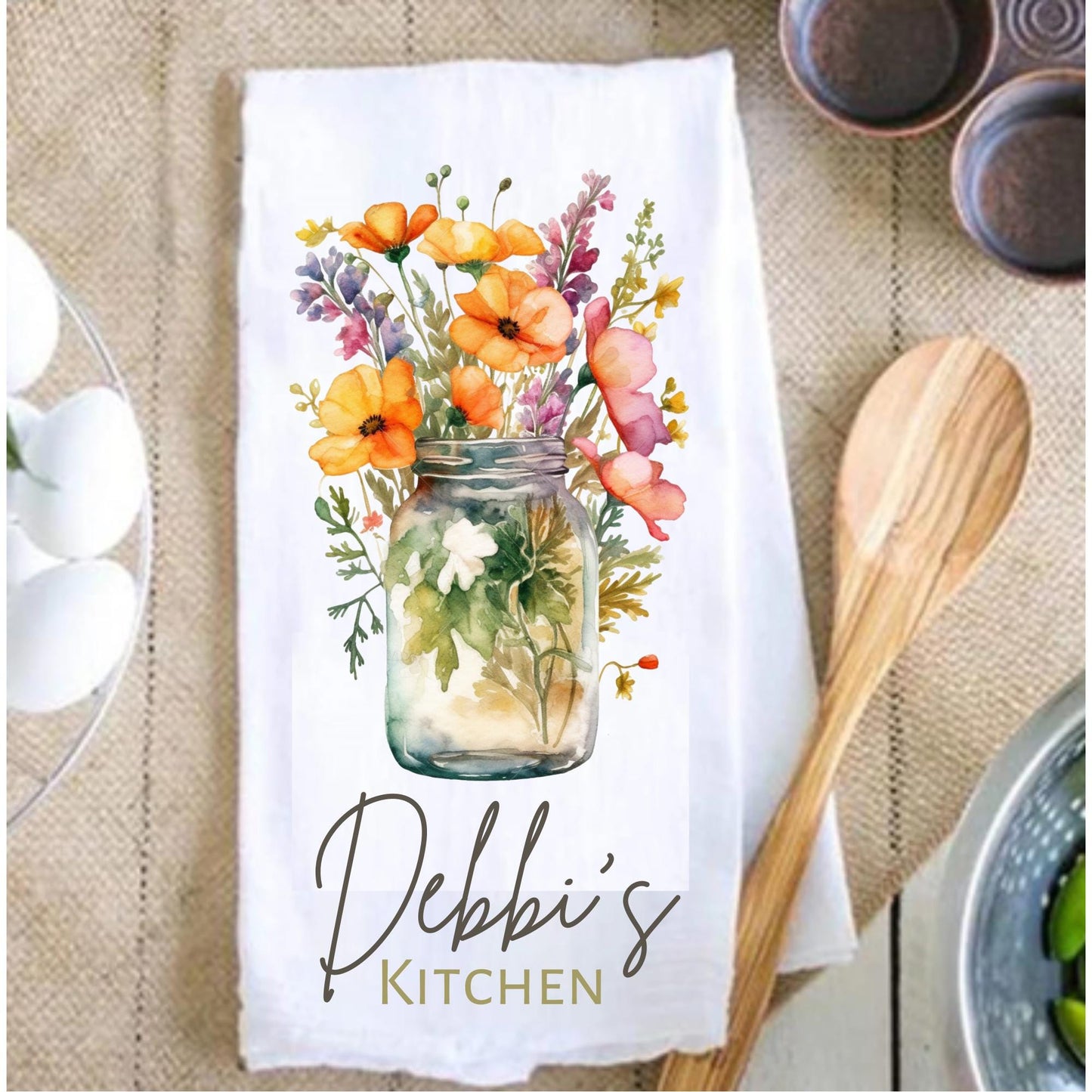 Custom Wildflowers Jar Kitchen Towel, Personalized Kitchen Decor Gift, Hostess Housewarming Gift, Custom Wildflower Dish Towel, Tea Towel