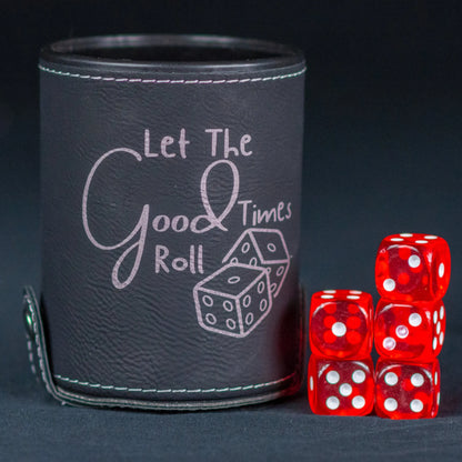 Personalized Leather Dice Cup With 5 Ruby Red Dice And Secure Snap Shut Storage For DND RPG And Game Night
