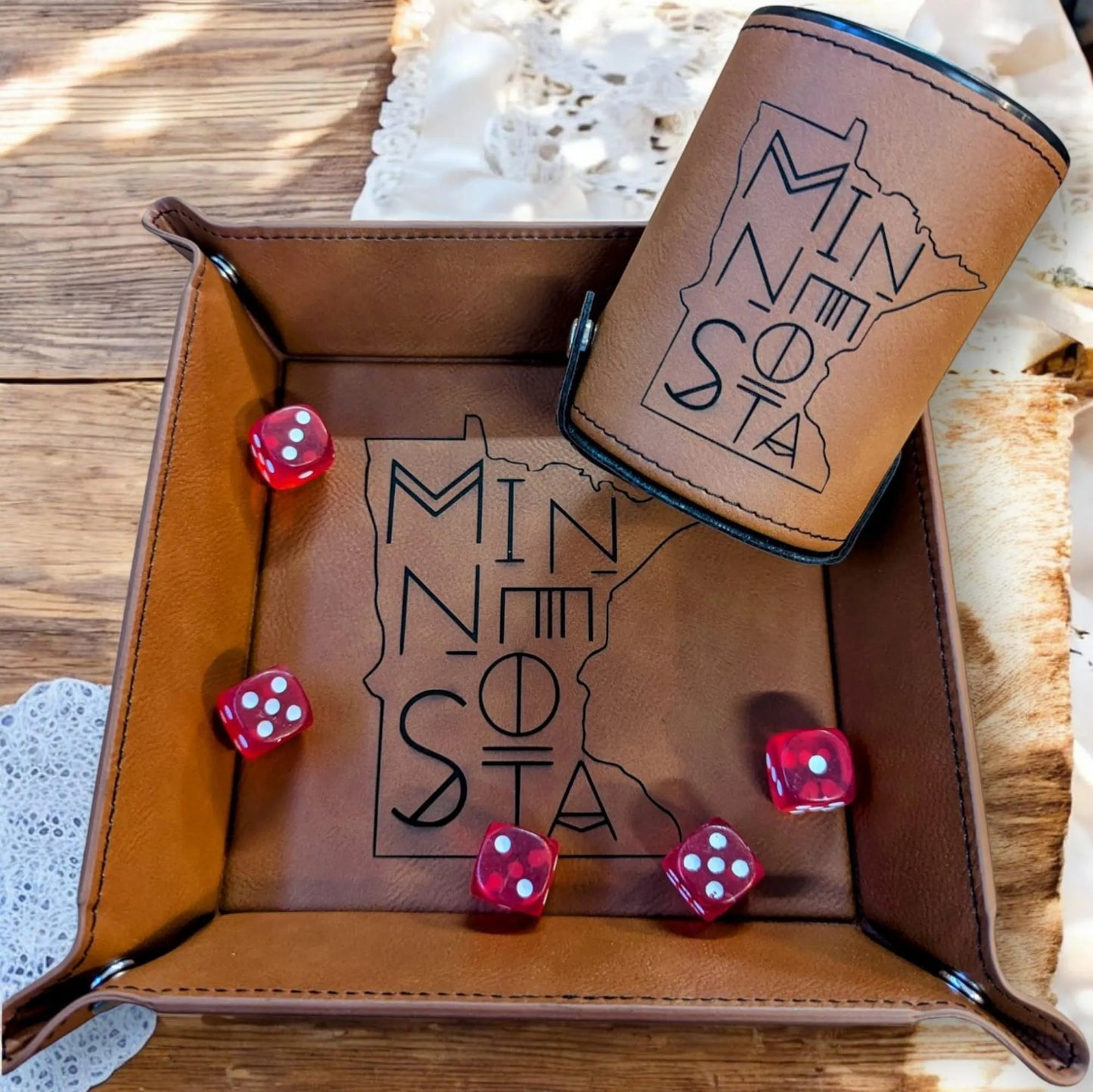 Minnesota Personalized Leather  Dice Cup and Tray, Bunco Dice Cup, Gifts for Her, Gifts for Him, Gift for kids