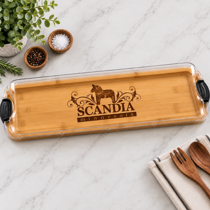 Personalized Scandia MN Bamboo Charcuterie And Serving Board With Clear Locking Cover 7x22 Inches Featuring Official Scandia Image And Scandinavian Heritage
